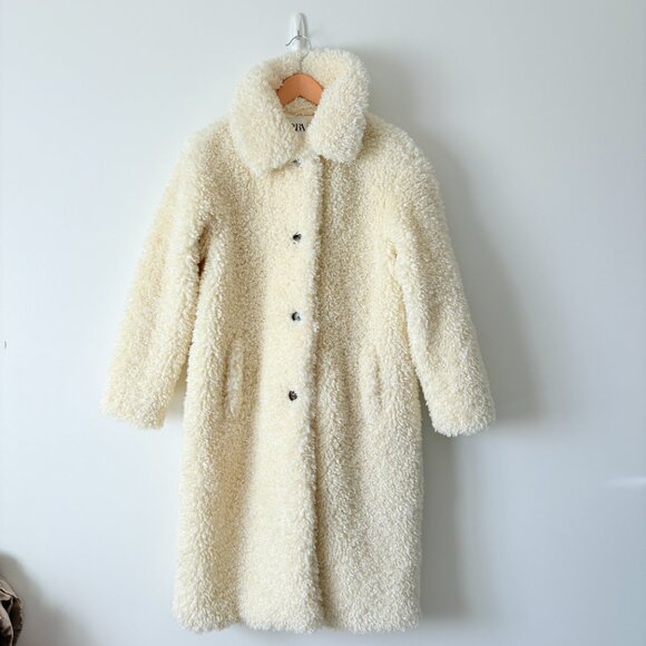 Zara Teddy Bear Faux Shearling Coat Oyster White Blogger Fav Size Small - Picture 8 of 14